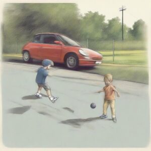 Distracted Driving kids playing ball in the street